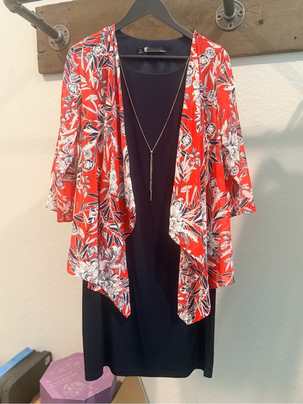 Leslie Fay Red Floral Open-Front Draped Midi Dress